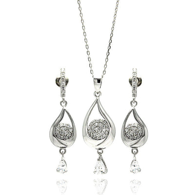 Sterling Silver Rhodium Plated Teardrop Clear CZ Dangling Stud Earring and Dangling Necklace Set