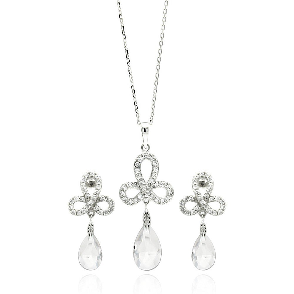 Sterling Silver Rhodium Plated Clear Ribbon CZ Hanging Stud Earring and Necklace Set