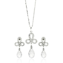 Load image into Gallery viewer, Sterling Silver Rhodium Plated Clear Ribbon CZ Hanging Stud Earring and Necklace Set