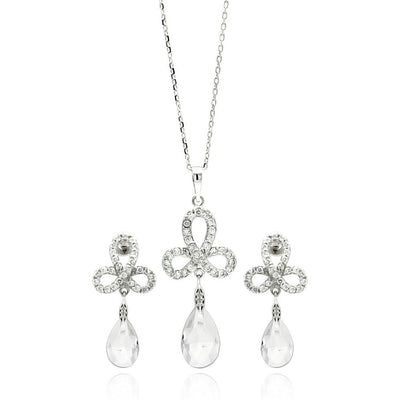 Sterling Silver Rhodium Plated Clear Ribbon CZ Hanging Stud Earring and Necklace Set