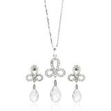 Sterling Silver Rhodium Plated Clear Ribbon CZ Hanging Stud Earring and Necklace Set