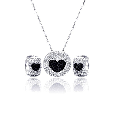 Sterling Silver Rhodium and Black Rhodium Plated Clear and Black Heart Disc Rectangle CZ Hoop Earring and Necklace Set