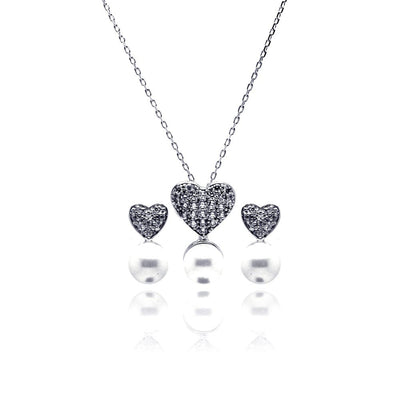Sterling Silver Rhodium Plated Pearl Clear Heart CZ Hanging Stud Earring and Hanging Necklace Set