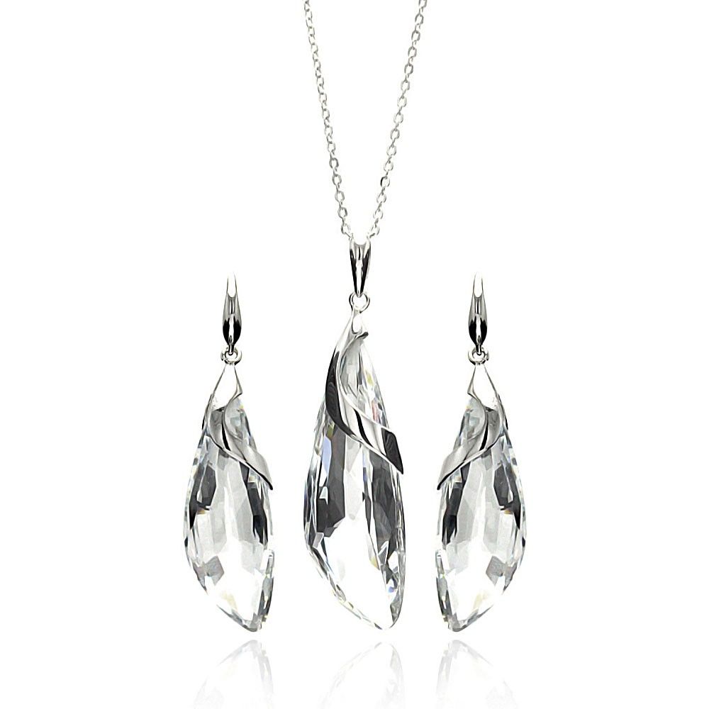 Sterling Silver Rhodium Plated Clear Drop CZ Hook Earring and Necklace Set