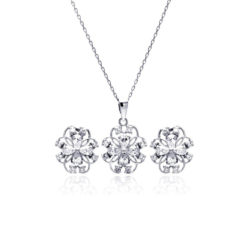 Sterling Silver Rhodium Plated Flower Outline Clear CZ Stud Earring and Necklace Set