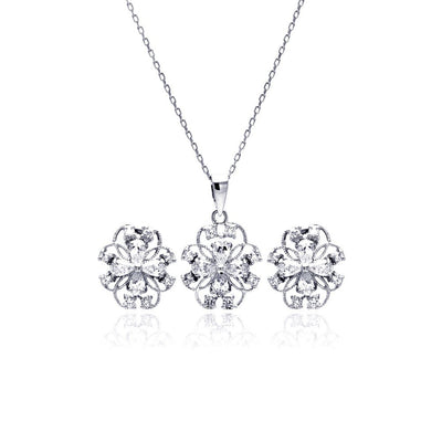 Sterling Silver Rhodium Plated Flower Outline Clear CZ Stud Earring and Necklace Set