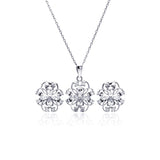Sterling Silver Rhodium Plated Flower Outline Clear CZ Stud Earring and Necklace Set