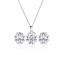 Sterling Silver Rhodium Plated Flower Outline Clear CZ Stud Earring and Necklace Set