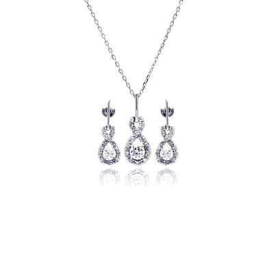 Sterling Silver Rhodium and Gold Plated Open Flower Outline Clear CZ Hook Earring and Necklace Set