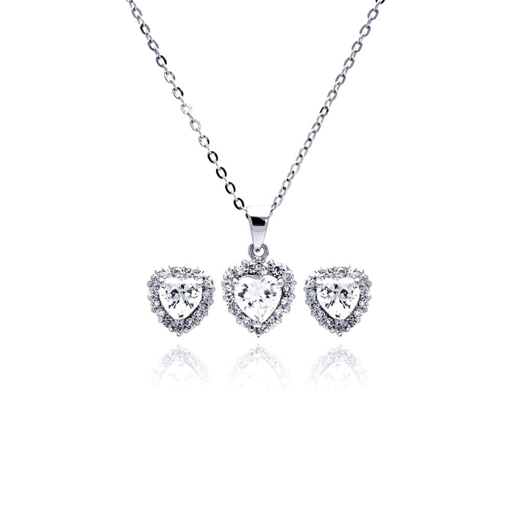 Sterling Silver Rhodium Plated Heart Clear CZ Stud Earring and Necklace Set