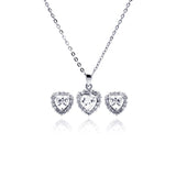 Sterling Silver Rhodium Plated Heart Clear CZ Stud Earring and Necklace Set