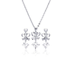 Load image into Gallery viewer, Sterling Silver Rhodium Plated Clear Blow CZ Hanging Stud Earring and Necklace Set