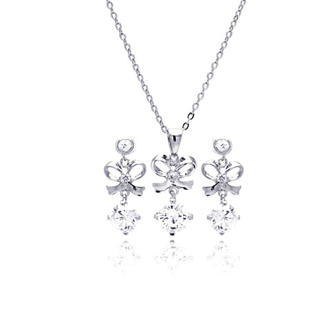 Sterling Silver Rhodium Plated Clear Blow CZ Hanging Stud Earring and Necklace Set