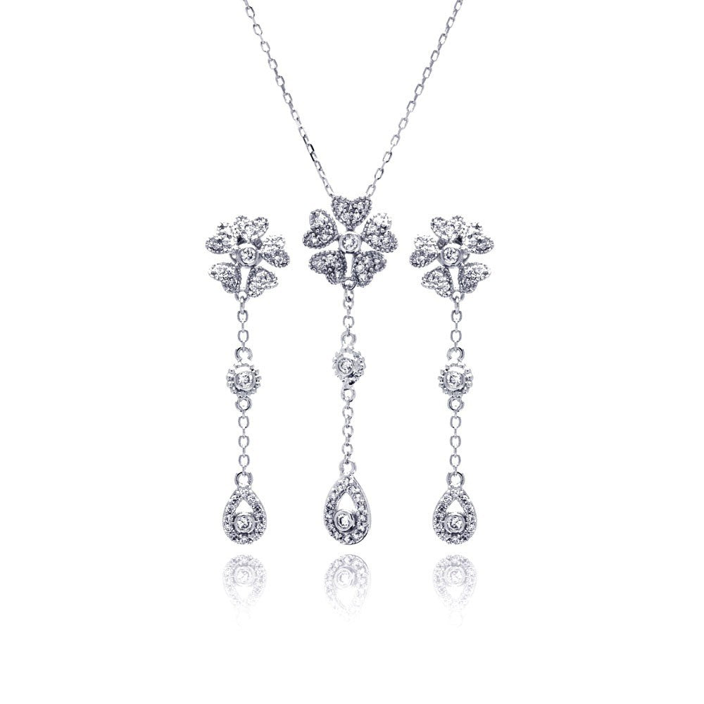 Sterling Silver Rhodium Plated Clear Teardrop Flower CZ Dangling Stud Earring and Dangling Necklace Set