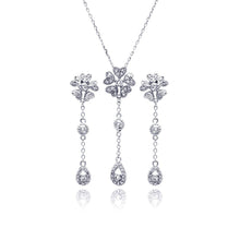 Load image into Gallery viewer, Sterling Silver Rhodium Plated Clear Teardrop Flower CZ Dangling Stud Earring and Dangling Necklace Set