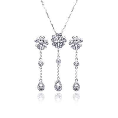 Sterling Silver Rhodium Plated Clear Teardrop Flower CZ Dangling Stud Earring and Dangling Necklace Set