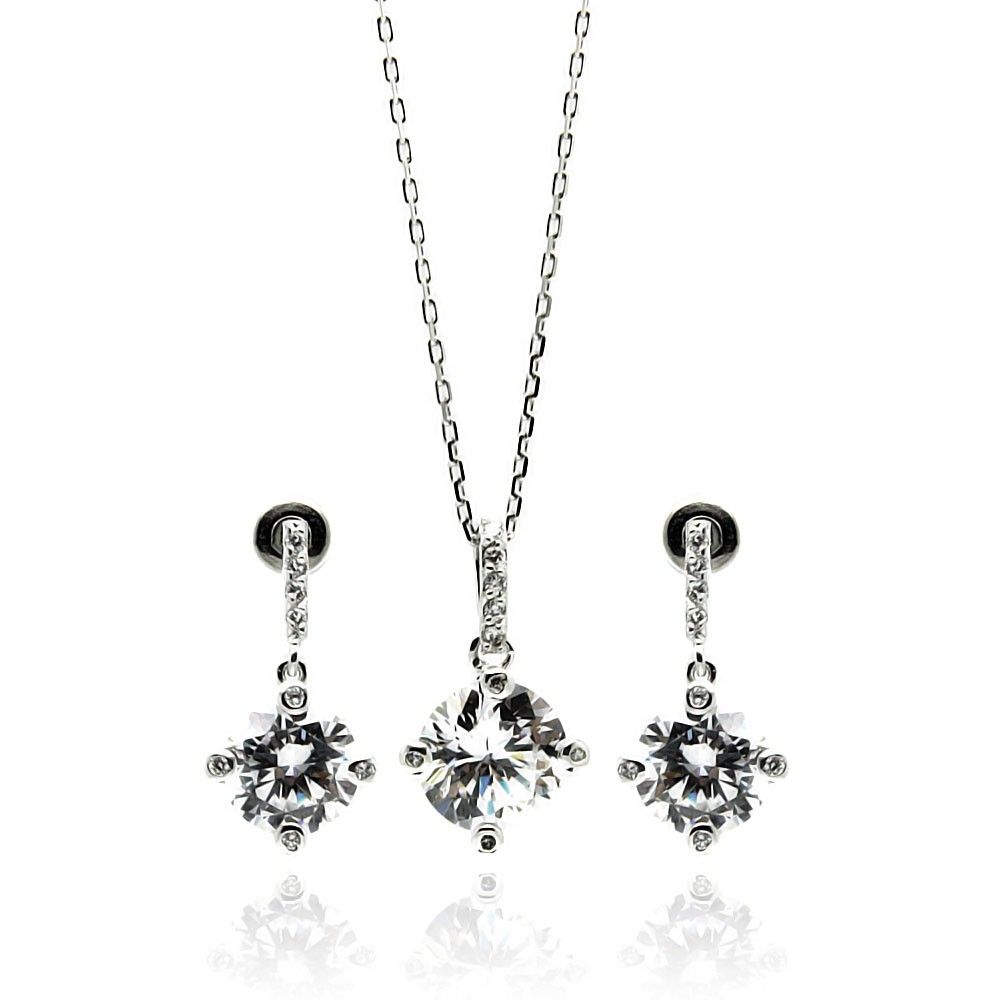 Sterling Silver Rhodium Plated Clear Round CZ Dangling Stud Earring and Necklace Set