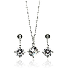 Load image into Gallery viewer, Sterling Silver Rhodium Plated Clear Round CZ Dangling Stud Earring and Necklace Set