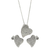 Sterling Silver Rhodium Plated Micro Pave Clear Curl Heart CZ Stud Earring and Necklace Set