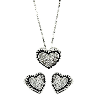 Sterling Silver Rhodium and Black Rhodium Plated Bead Border Clear Heart CZ Stud Earring and Necklace Set