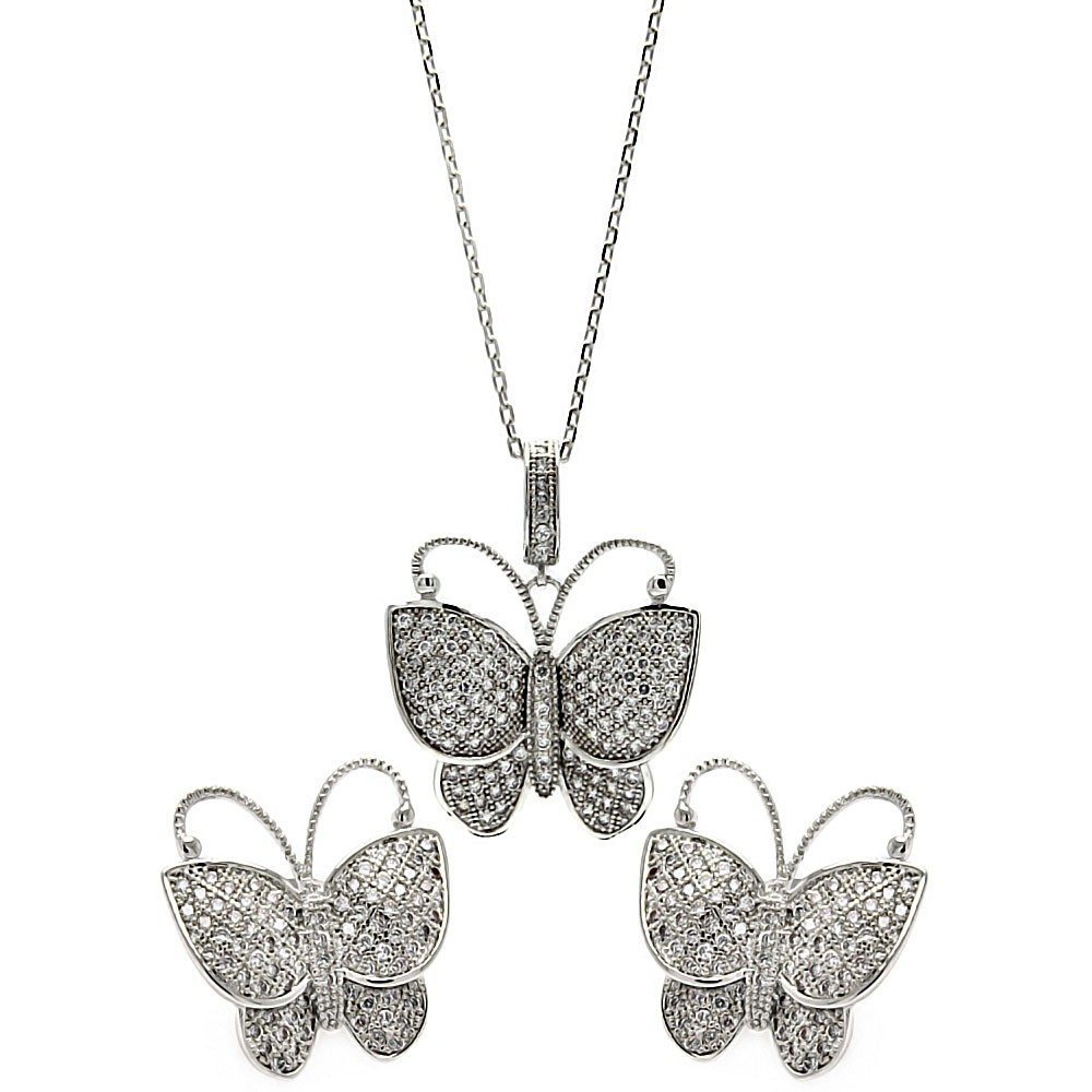 Sterling Silver Rhodium Plated Micro Pave Clear Butterfly CZ Stud Earring and Necklace Set