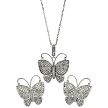 Load image into Gallery viewer, Sterling Silver Rhodium Plated Micro Pave Clear Butterfly CZ Stud Earring and Necklace Set