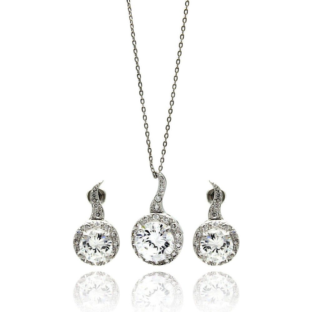 Sterling Silver Rhodium Plated Clear Round CZ Hanging Stud Earring and Hanging Necklace Set