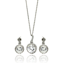 Load image into Gallery viewer, Sterling Silver Rhodium Plated Clear Round CZ Hanging Stud Earring and Hanging Necklace Set