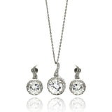 Sterling Silver Rhodium Plated Clear Round CZ Hanging Stud Earring and Hanging Necklace Set