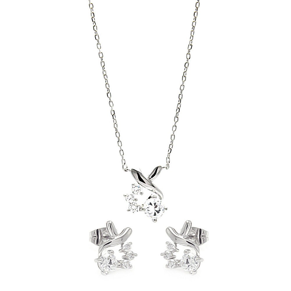 Sterling Silver Rhodium Plated Individual Clear Twist Wrap CZ Stud Earring and Necklace Set