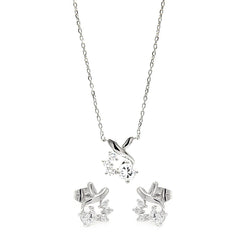 Sterling Silver Rhodium Plated Individual Clear Twist Wrap CZ Stud Earring and Necklace Set