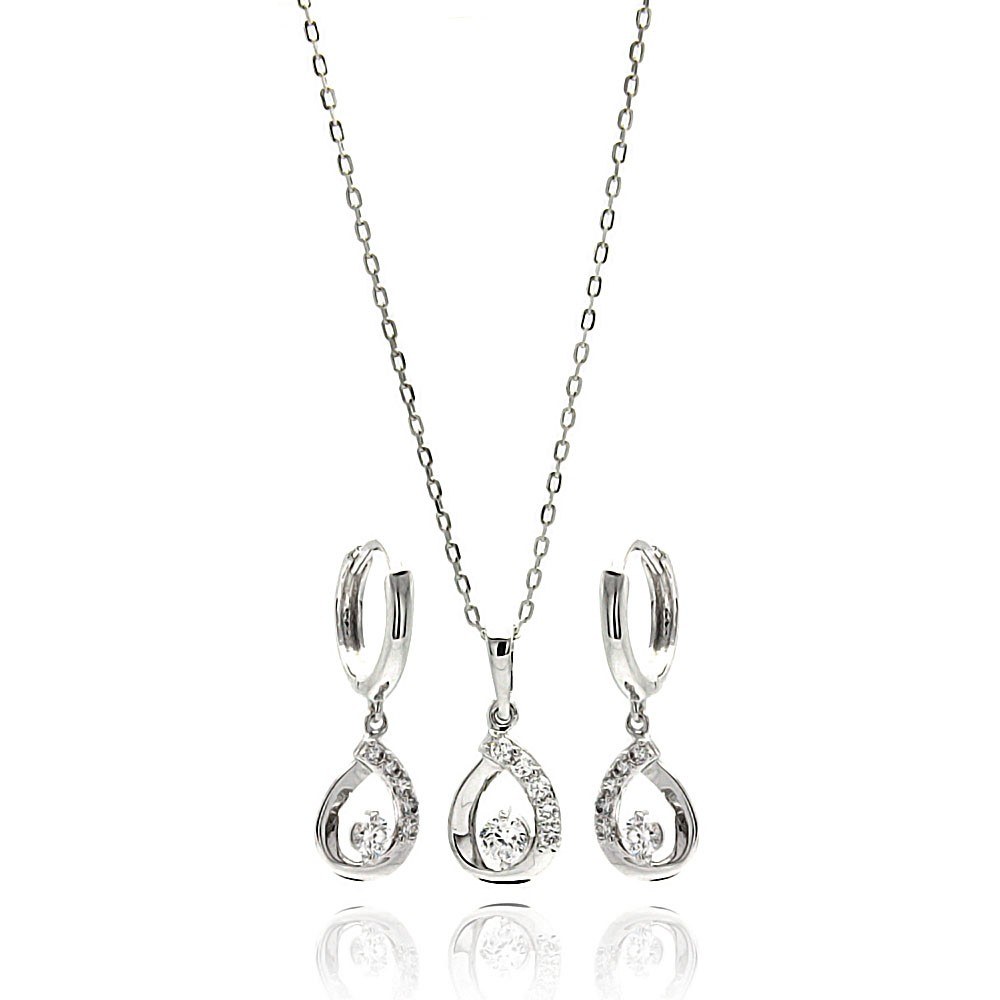 Sterling Silver Rhodium Plated Oepn Teardrop Clear CZ Leverback Earring and Necklace Set