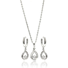 Load image into Gallery viewer, Sterling Silver Rhodium Plated Oepn Teardrop Clear CZ Leverback Earring and Necklace Set