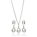 Sterling Silver Rhodium Plated Oepn Teardrop Clear CZ Leverback Earring and Necklace Set