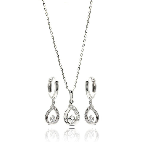 Sterling Silver Rhodium Plated Oepn Teardrop Clear CZ Leverback Earring and Necklace Set