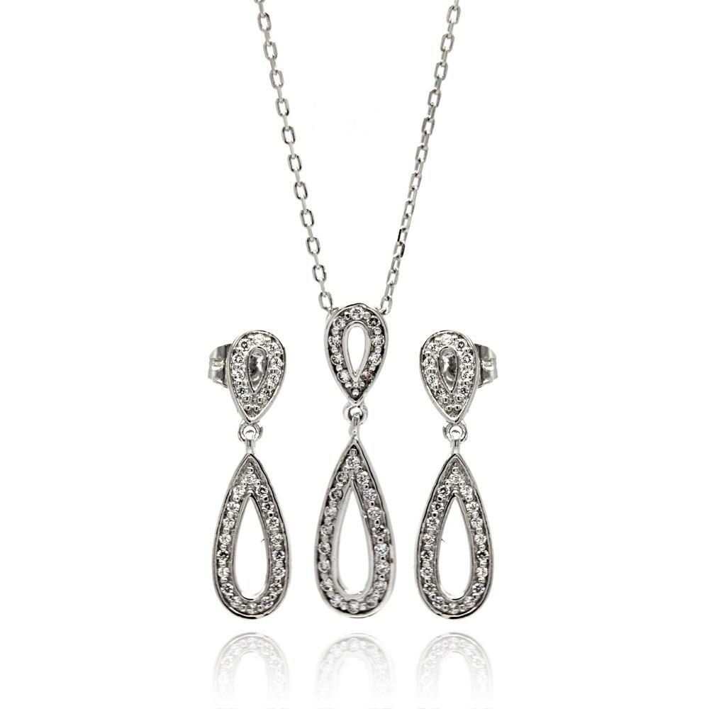 Sterling Silver Rhodium Plated Clear Open Teardrop CZ Dangling Stud Earring and Dangling Necklace Set