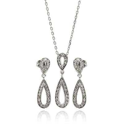 Sterling Silver Rhodium Plated Clear Open Teardrop CZ Dangling Stud Earring and Dangling Necklace Set