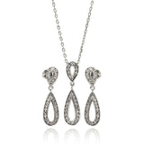 Sterling Silver Rhodium Plated Clear Open Teardrop CZ Dangling Stud Earring and Dangling Necklace Set