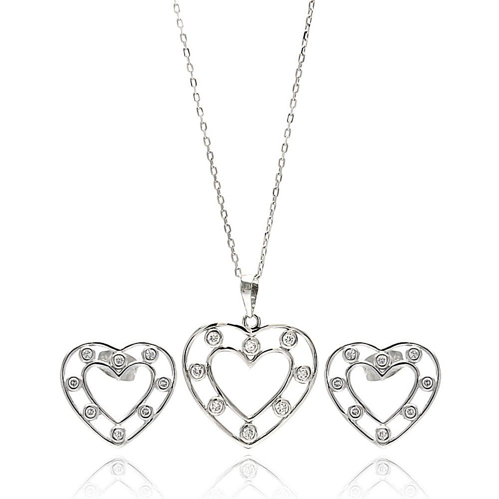 Sterling Silver Rhodium Plated Clear Open Outline Heart CZ Stud Earring and Dangling Necklace Set