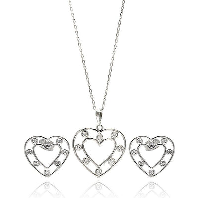Sterling Silver Rhodium Plated Clear Open Outline Heart CZ Stud Earring and Dangling Necklace Set