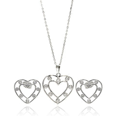 Sterling Silver Rhodium Plated Clear Open Outline Heart CZ Stud Earring and Dangling Necklace Set