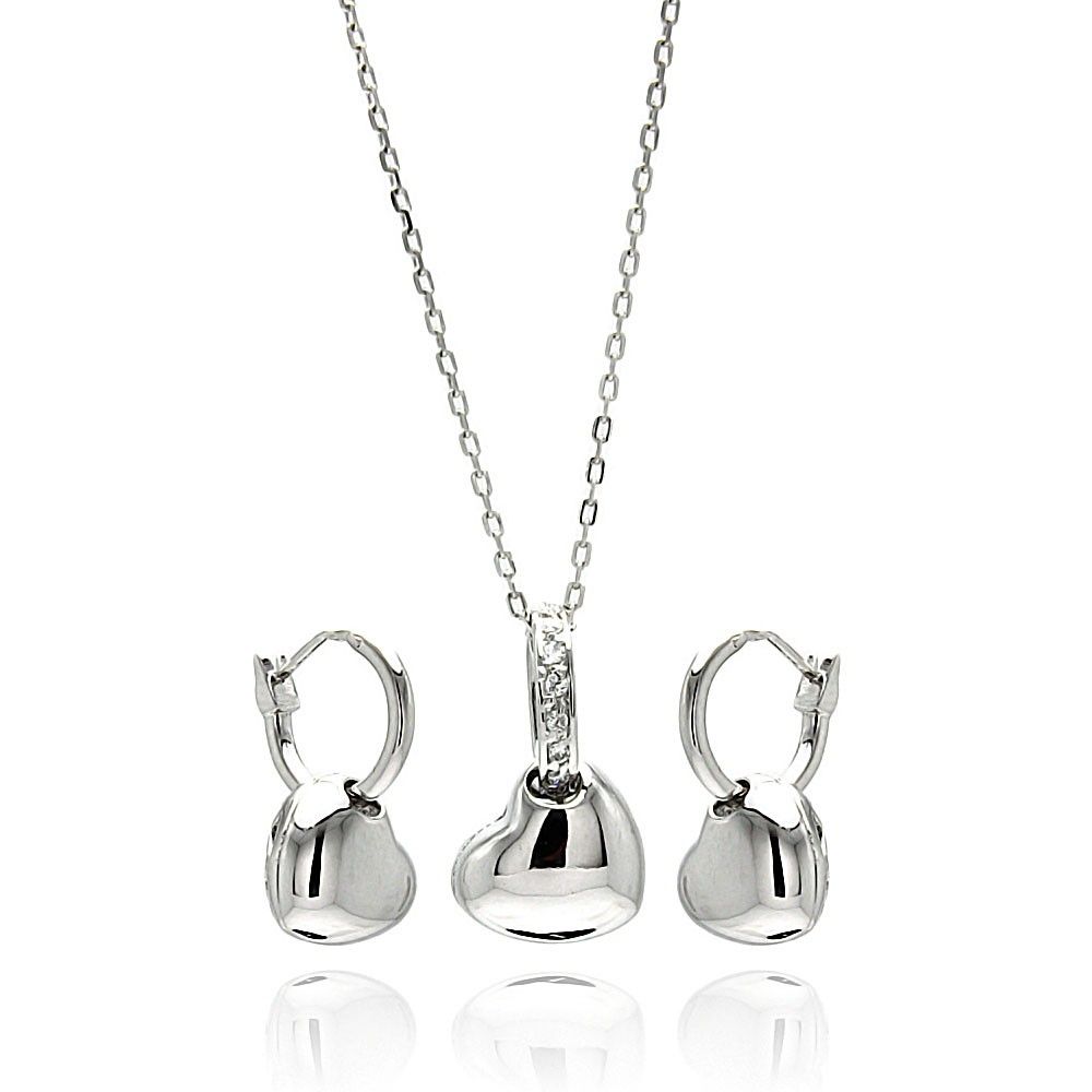 Sterling Silver Rhodium Plated High Polish Heart Clear CZ Leverback Earring and Necklace Set