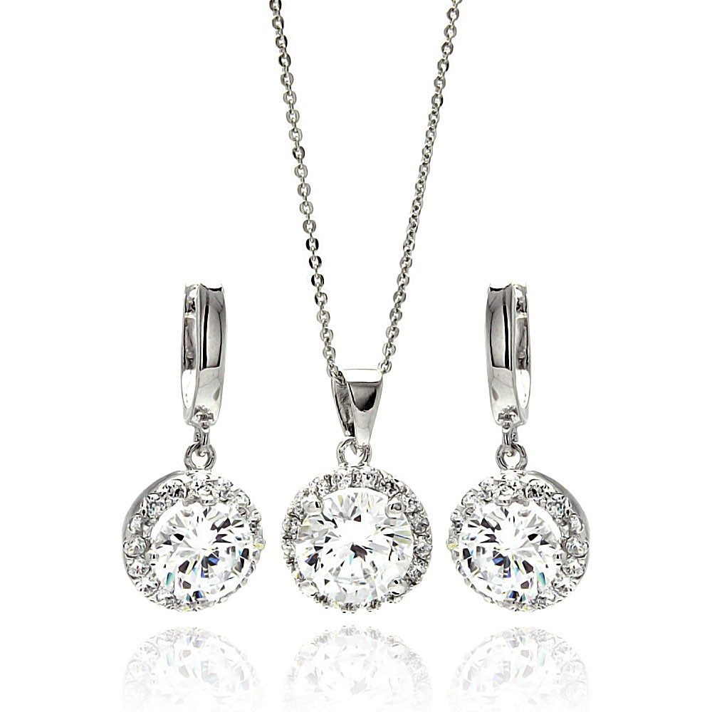 Sterling Silver Rhodium Plated Clear Round Cluster CZ Hanging Hook Earring and Necklace Set