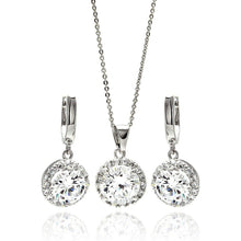 Load image into Gallery viewer, Sterling Silver Rhodium Plated Clear Round Cluster CZ Hanging Hook Earring and Necklace Set