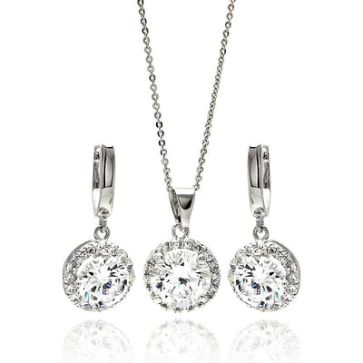 Sterling Silver Rhodium Plated Clear Round Cluster CZ Hanging Hook Earring and Necklace Set