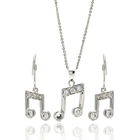 Sterling Silver Rhodium Plated Musical Note Clear CZ Hook Earring and Dangling Necklace Set