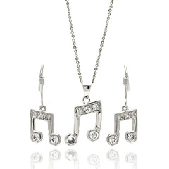Sterling Silver Rhodium Plated Musical Note Clear CZ Hook Earring and Dangling Necklace Set