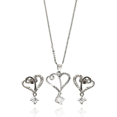 Sterling Silver Rhodium Plated Clear Double Open Heart CZ Hanging Stud Earring and Hanging Necklace Set