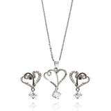 Sterling Silver Rhodium Plated Clear Double Open Heart CZ Hanging Stud Earring and Hanging Necklace Set