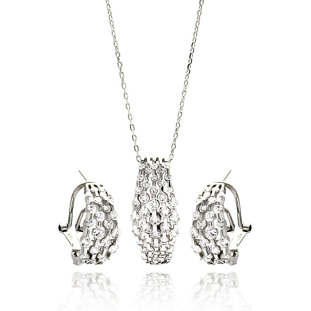 Sterling Silver Rhodium Plated Multi Row Clear CZ French Clip Earring and Necklace Set